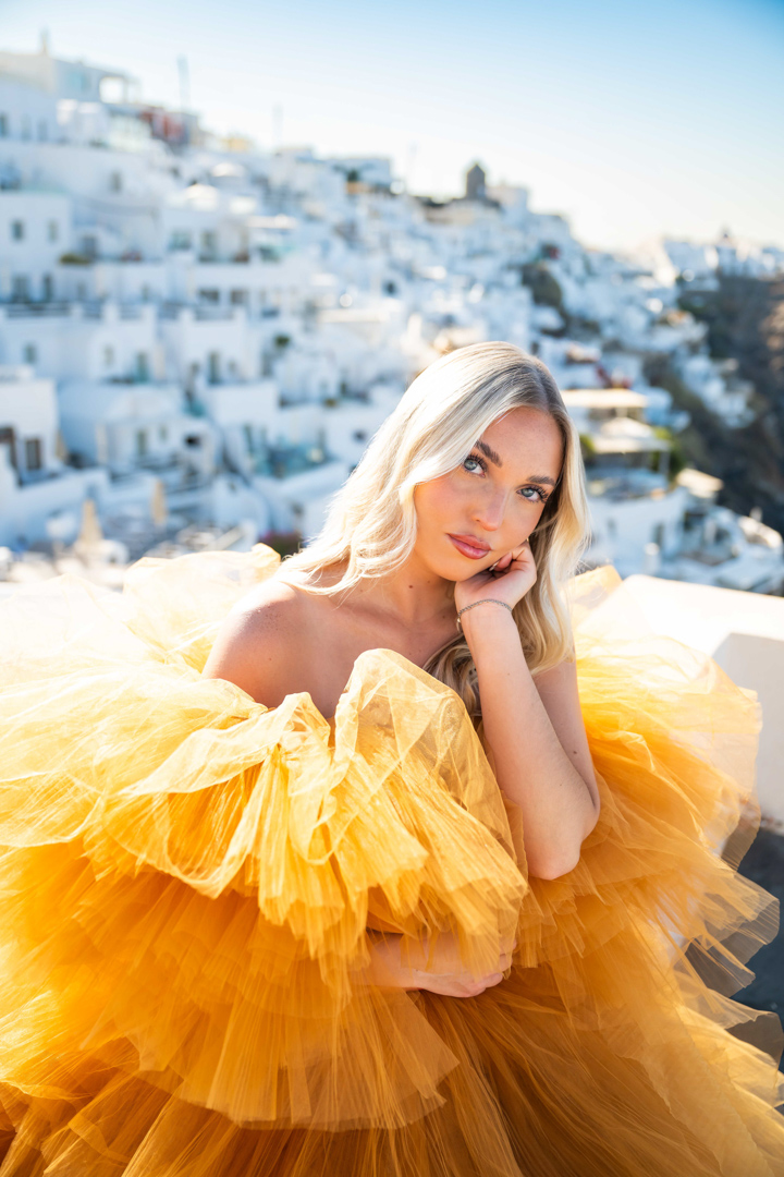 Close-up portrait during a Santorini photoshoot