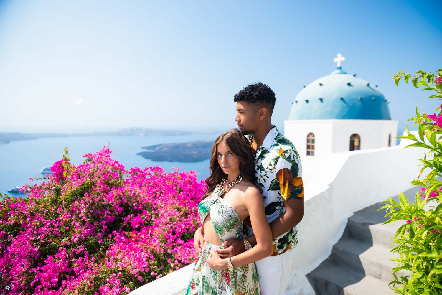 Romantic couple photoshoot on a Santorini terrace